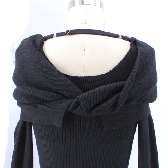 Black Off The Shoulder Sweater Ribbed Knit Adjustable Open Back Long Sleeve SZ S - Picture 5 of 15